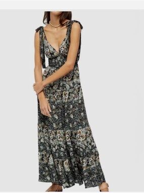 Free People Black and Cream Floral Tie-Shoulder Maxi Dress